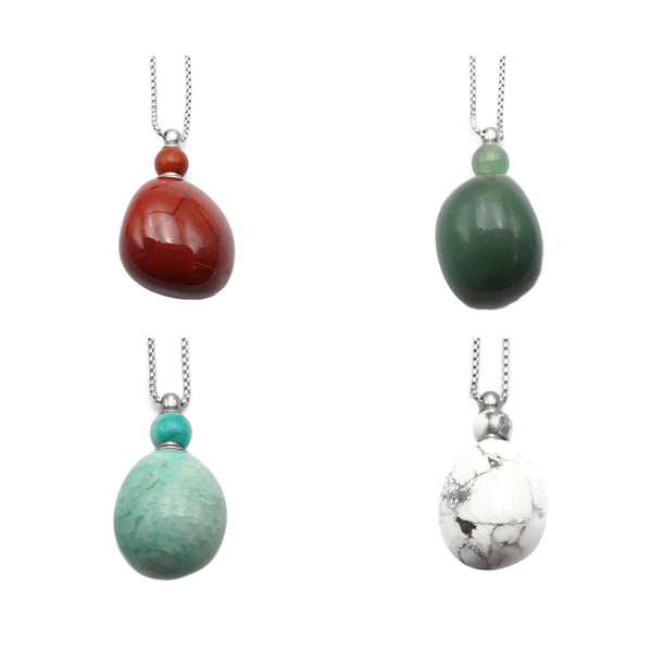 Natural Stone Essential Oil Necklace Off-Round Perfume Bottle & Silver Chain