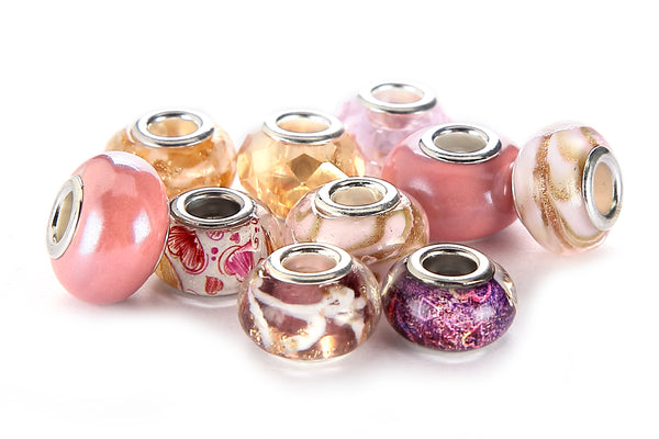 Mix Silver Plate Pink Theme Murano Lampwork European Glass Crystal Charms Beads