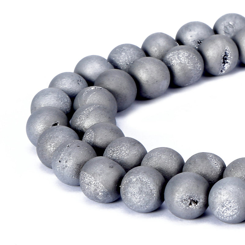 silver druzy agate matte round beads