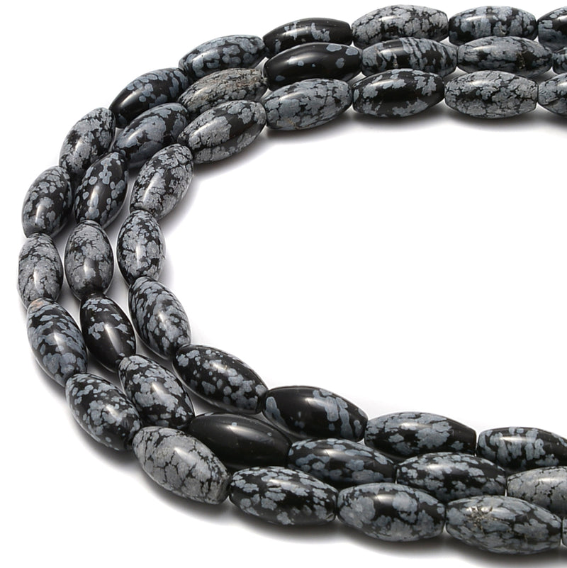 Natural Snowflake Obsidian Smooth Oval Rice Beads Size 8x16mm 15.5'' Strand