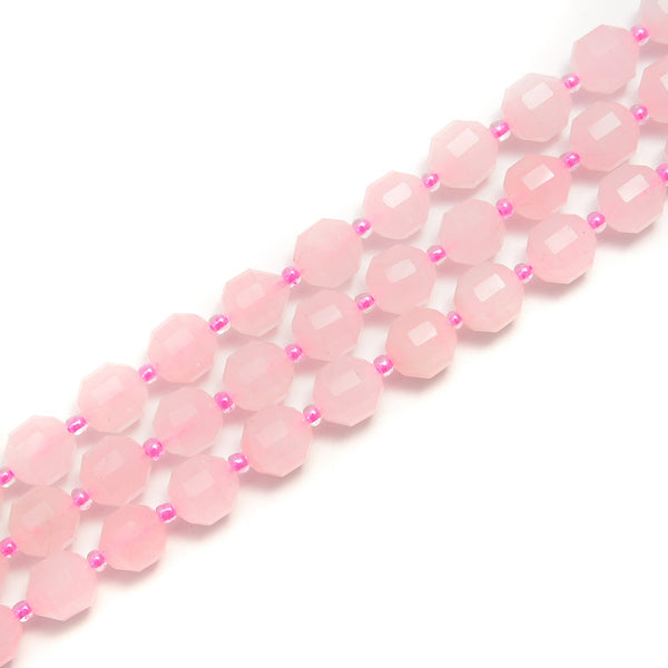 Rose Quartz Prism Cut Double Point Faceted Round Beads 9x10mm 15.5'' Strand