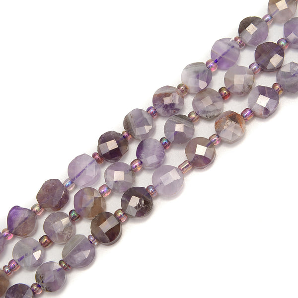 Chevron Amethyst Faceted Flat Round Coin Beads Size 8mm 15.5" Strand