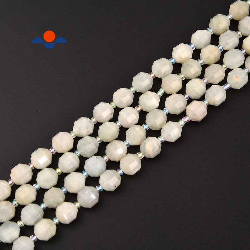 White MoonstonePrism Cut Double Point Faceted Round Beads 9x10mm 15.5" Strand
