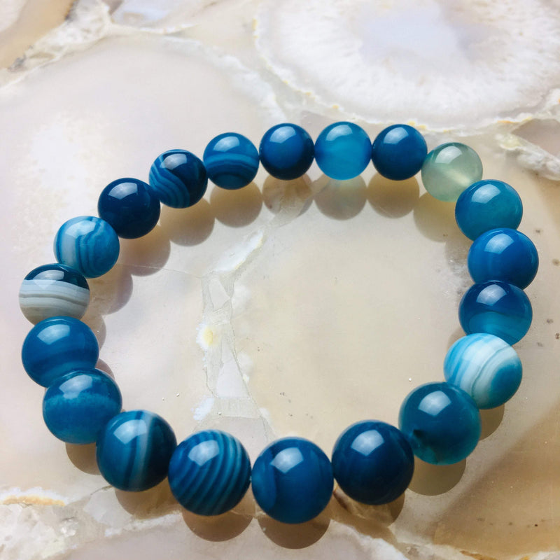 blue Striped agate bracelet smooth round