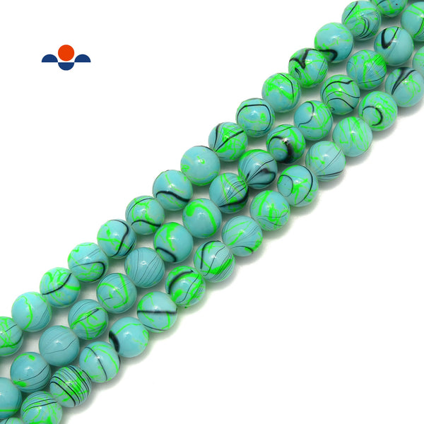 Neon Green Striped Printed Glass Smooth Round Beads Size 6mm 8mm 10mm 15.5"Strand