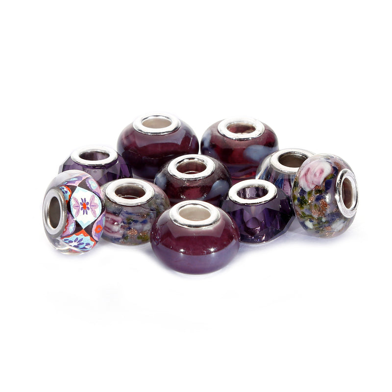 Mix Silver Plate Amethyst Theme Murano Lampwork European Glass Crystal Beads