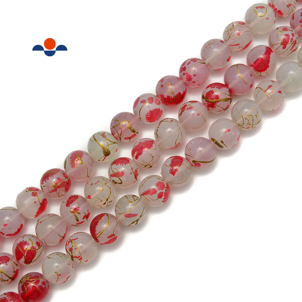 Pink Fuchsia Splash Printed Glass Smooth Round Beads Size 14mm 15.5" Strand