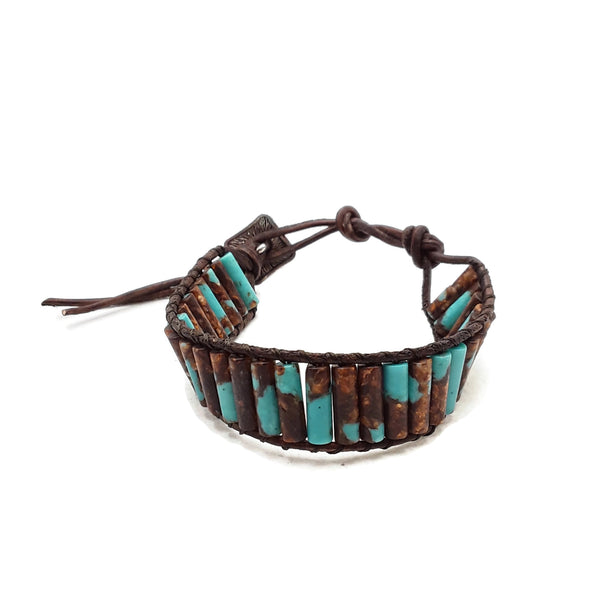 Bronzite Turquoise Stone Round Tube Leather Wrap Bracelet
