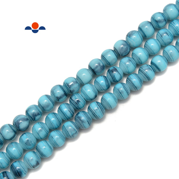 Light Blue Striped Glass Smooth Round Beads Size 6mm 8mm 10mm 15.5" Strand
