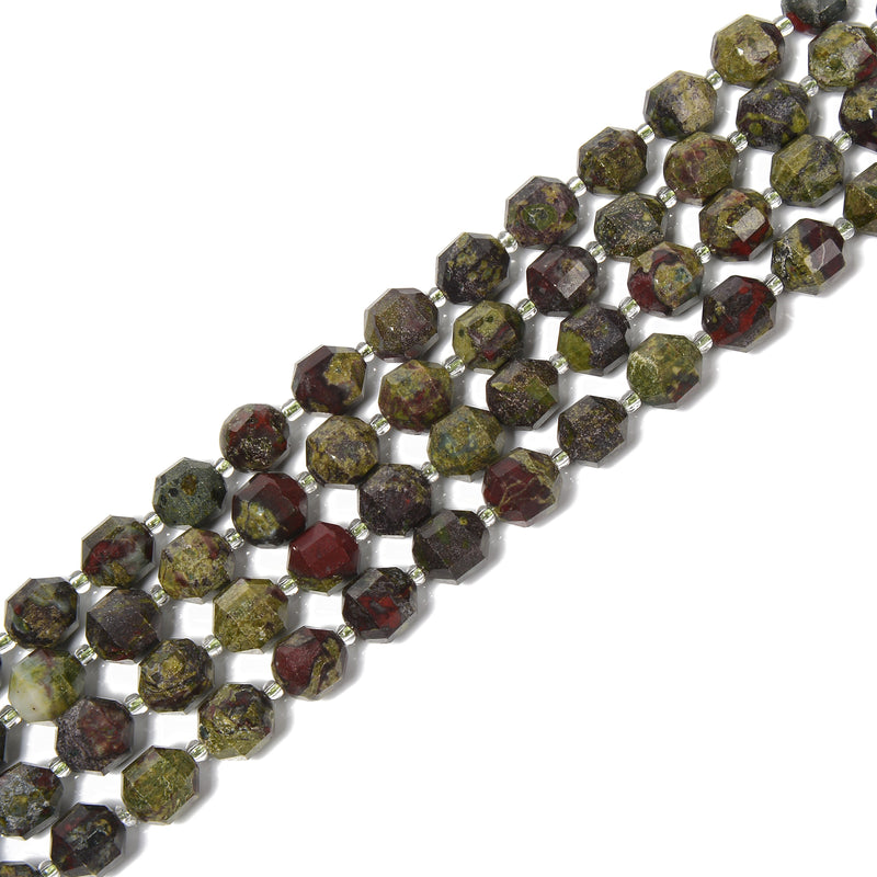 Natural Green Dragon Bloodstone Prism Cut Double Point Beads 9x10mm 15.5'' Strd