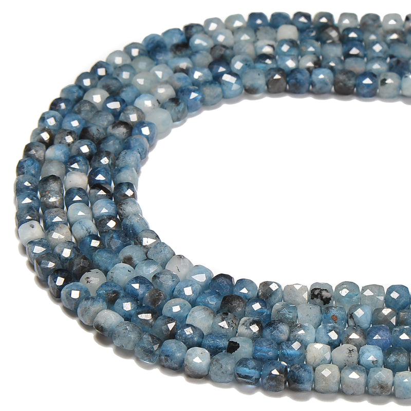 Natural Dark Blue Aquamarine Faceted Cube Beads Size 4mm 15.5'' Strand