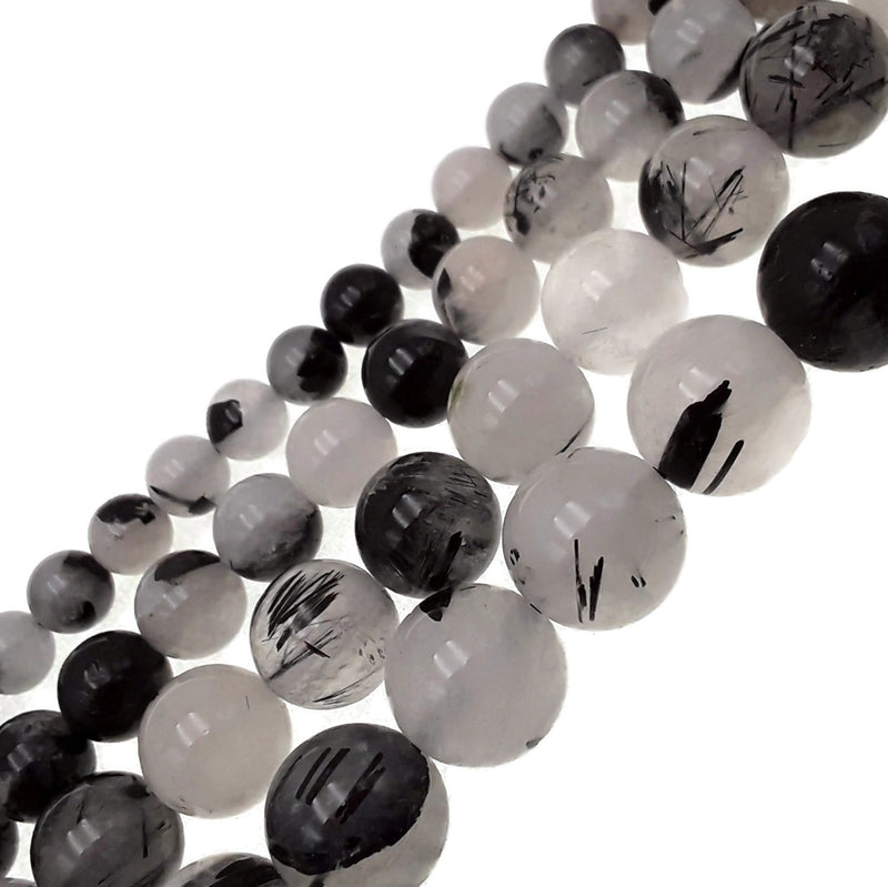 black tourmalinated quartz smooth round beads 