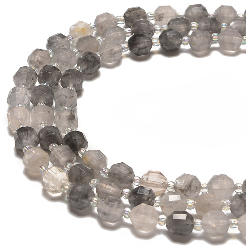 Cloudy Gray Quartz Prism Cut Double Point Faceted Round Beads 9x10mm 15.5'' Strand