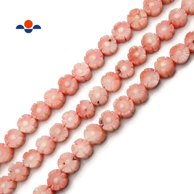 Light Pink Bamboo Coral Hand Carved Flower Discs Beads Size 10mm 15.5'' Strand