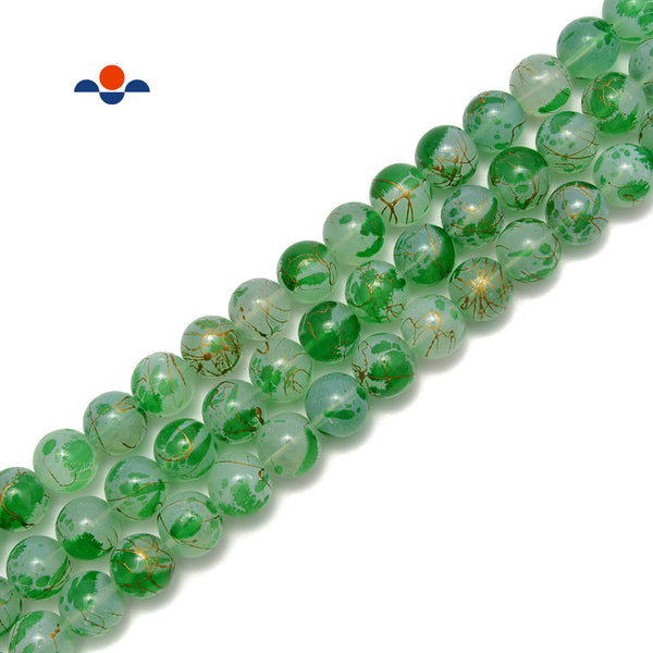 Green Splash Glass Smooth Round Beads Size 14mm 15.5" Strand