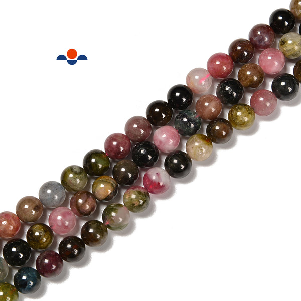 High Grade Multi Tourmaline Smooth Round Beads Size 6mm 8mm 10mm 15.5'' Strand