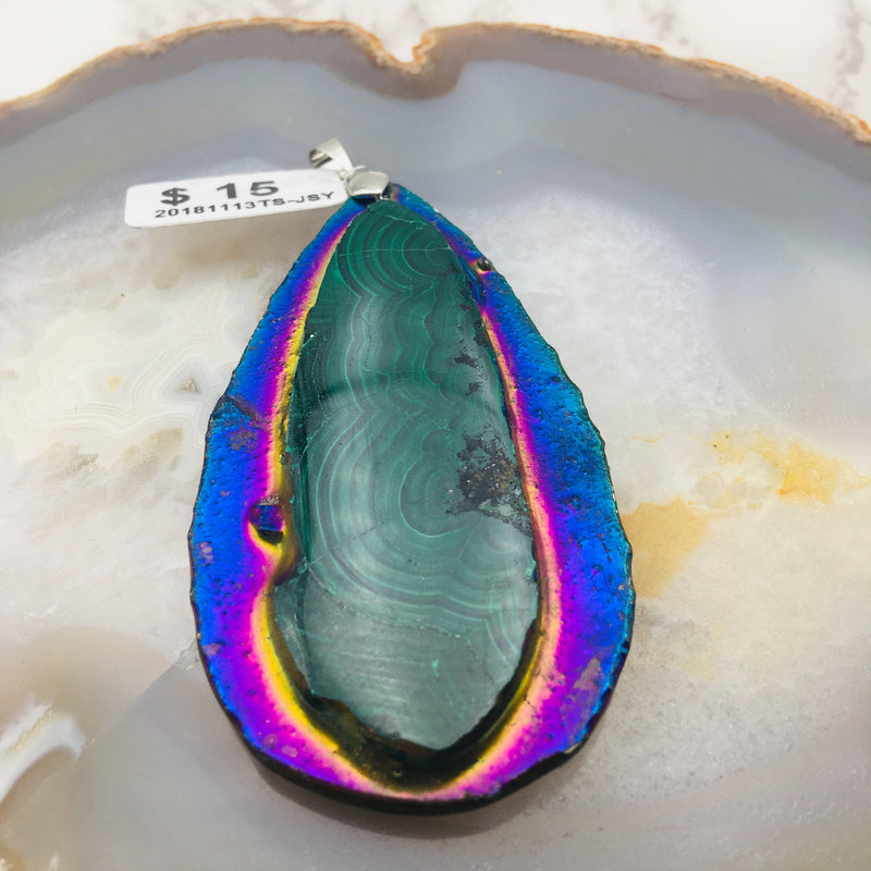 natural malachite pendant teardrop shape rainbow plated 