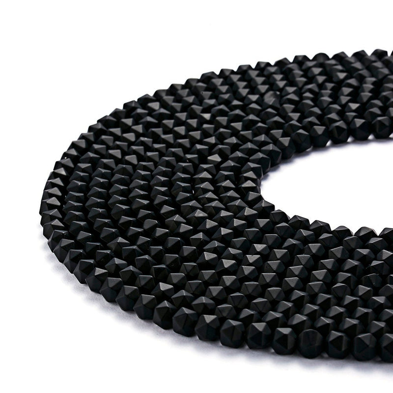 Black Onyx Matte Faceted Star Cut Beads 4mm 5mm 7mm 9mm 15.5" Strand