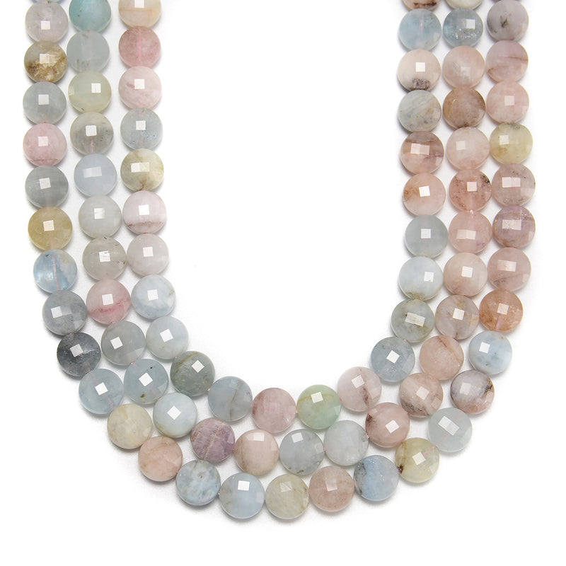 Natural Multi Color Morganite Faceted Coin Beads Size 10mm 15.5'' Strand
