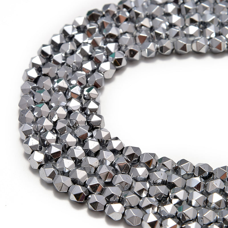 silver plated hematite faceted star cut beads