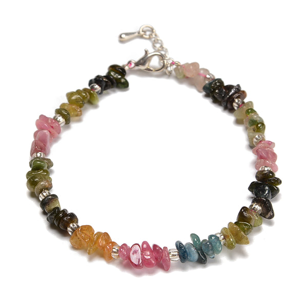 Multi Tourmaline Chips Beaded Bracelet Silver Plated Clasp 7.5" Length