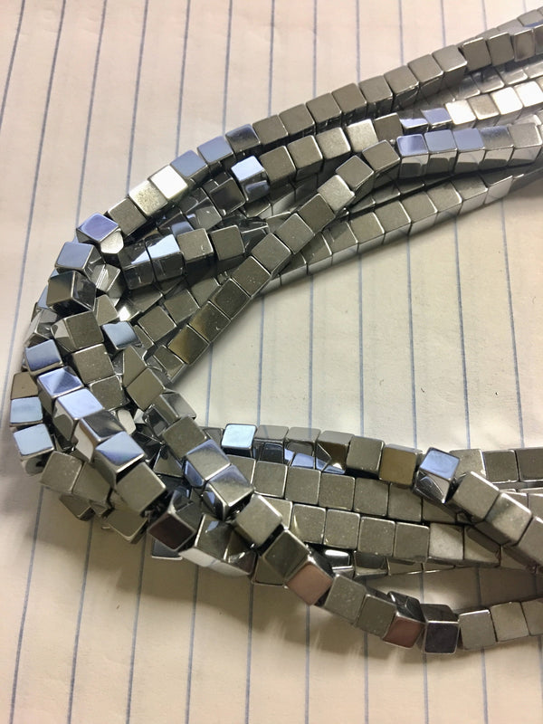 silver plated hematite smooth cube beads