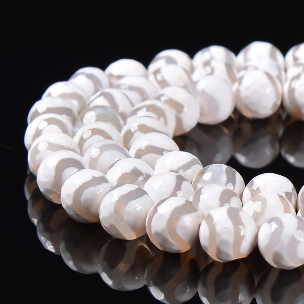 White Wavy Striped Tibetan Agate Faceted Round Beads 6mm to 12mm 15.5" Strand