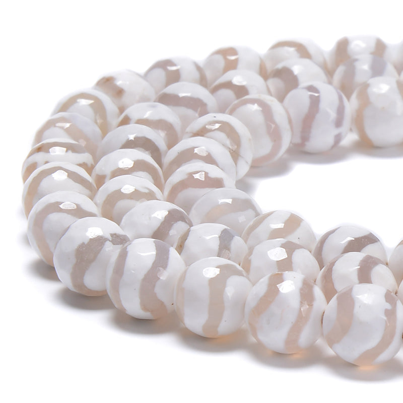 White Wavy Striped Tibetan Agate Faceted Round Beads 6mm to 12mm 15.5" Strand