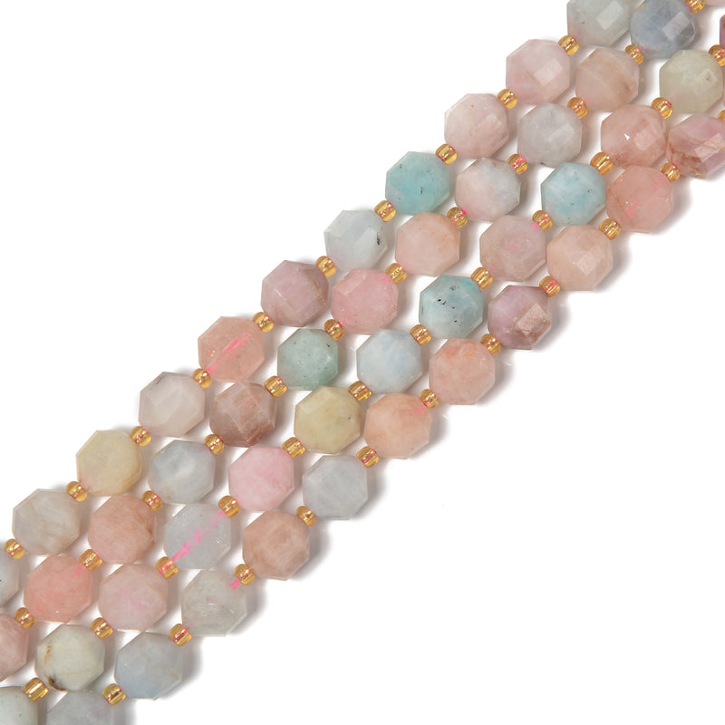 Morganite Prism Cut Double Point Faceted Round Beads 9x10mm 15.5'' Strand