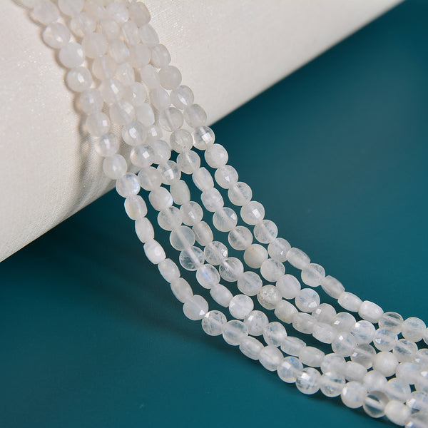 White Rainbow Moonstone Faceted Flat Coin Beads 4mm 15.5" Strand