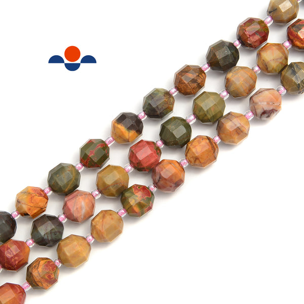 Red Creek Jasper Prism Cut Double Point Faceted Round Beads 9x10mm 15.5" Strand