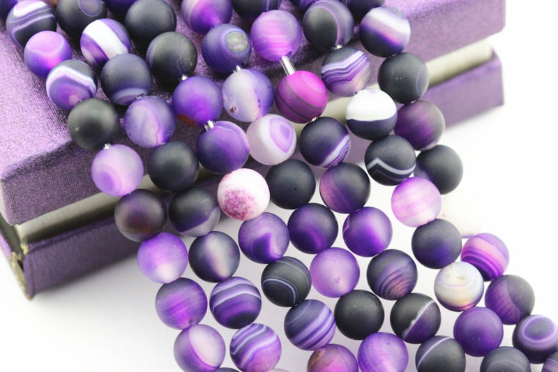 large hole purple Striped agate matte round beads