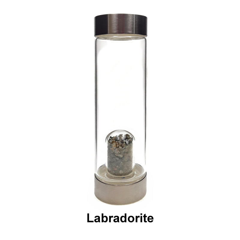 04 - Crystal Infused Healing Glass Water Bottle Gemstone Chips 9" Tall Labradorite, Rose Quartz, Jasper, Black Tourmaline, Turquoise