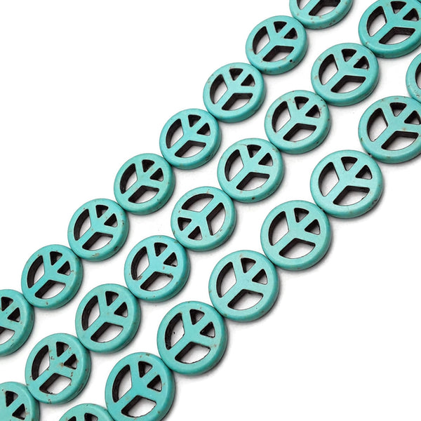 Turquoise Blue Howlite Peace Sign Coin Disc Beads 15mm 20mm 25mm 15.5" Strand