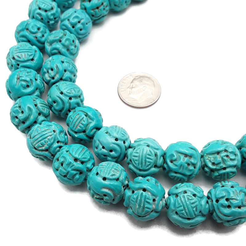 Blue Stabilized Turquoise Hand Carved Round Beads Size 13-14mm 15.5" Strand