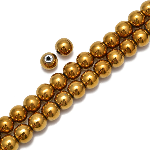 2.0mm Large Hole Gold Hematite Smooth Round Beads Size 6mm 8mm 15.5" Strand