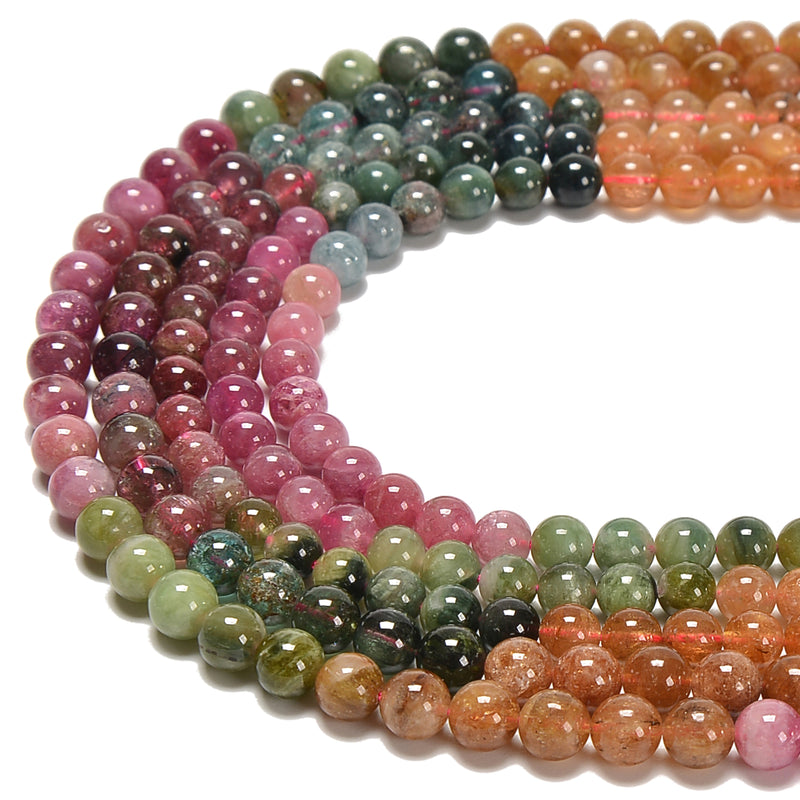 Gradient Multi Color Tourmaline Smooth Round Beads Size 4mm to 6.5mm 18" Strand