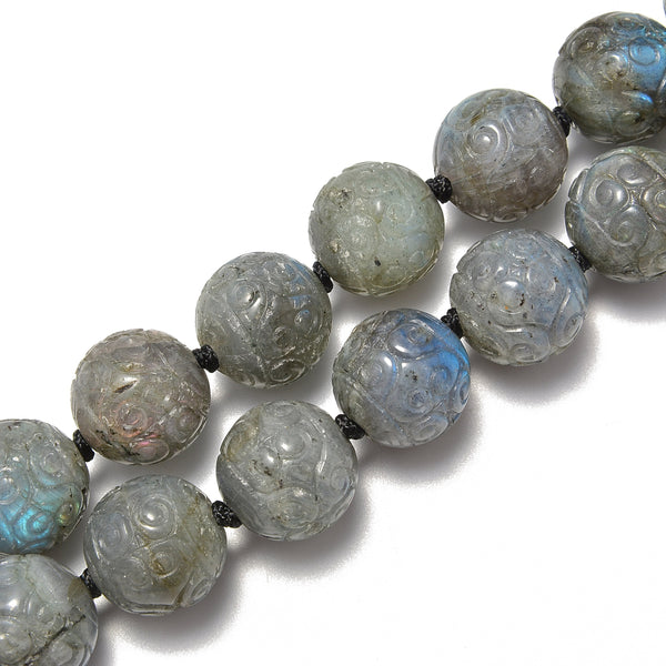 2.0mm Hole Natural Labradorite Carved Round Beads Size 18mm 8'' Strand