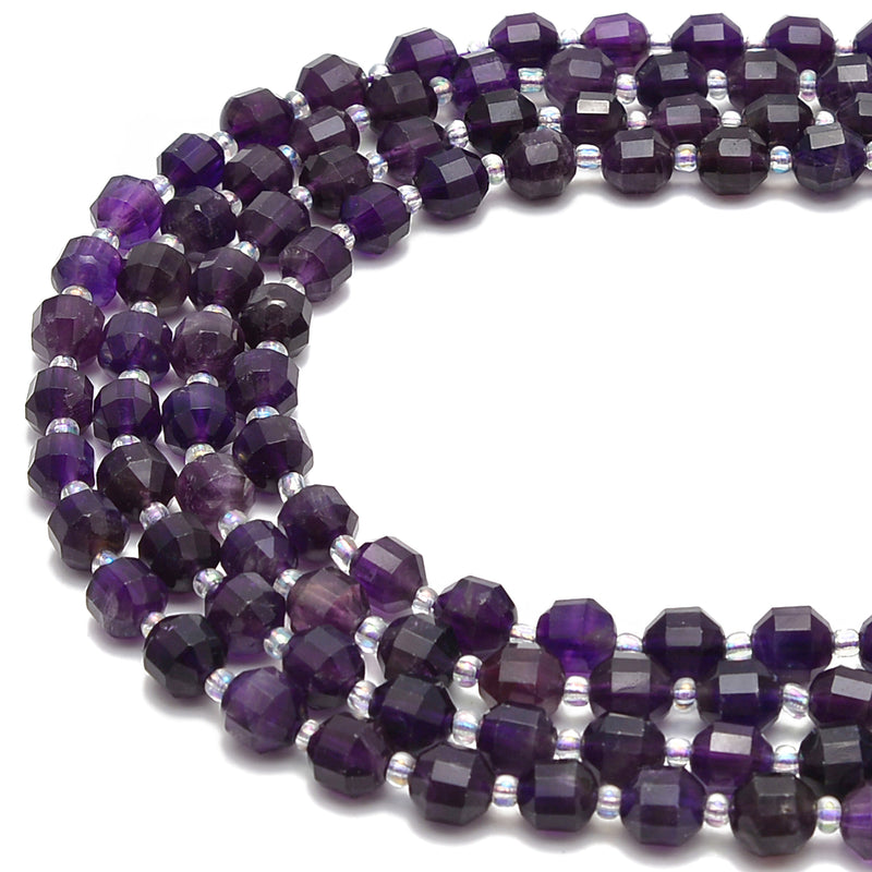 Natural Amethyst Prism Cut Double Point Faceted Round Beads 8mm 15.5'' Strand