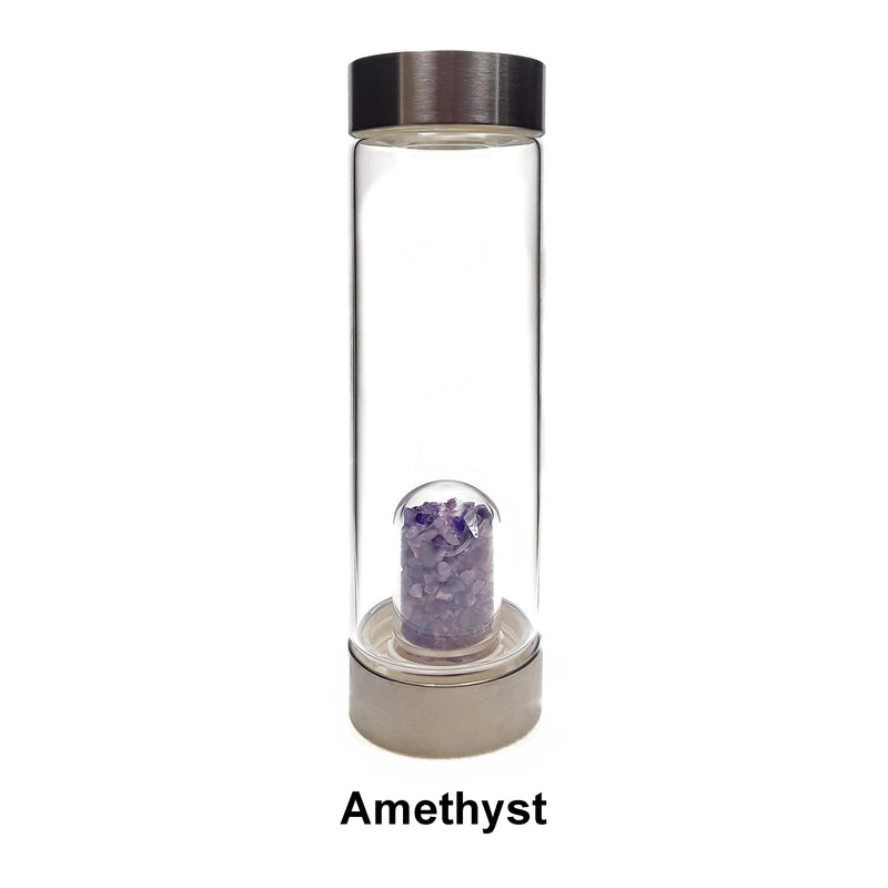 03 - Crystal Infused Healing Glass Water Bottle Gemstone Chips 9" Tall Amethyst, Tiger Eye, Quartz, Aventurine, Citrine, Lapis