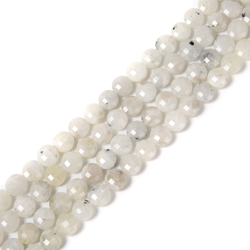 Natural White Moonstone with Black Specks Faceted Coin Beads 10mm 15.5'' Strand
