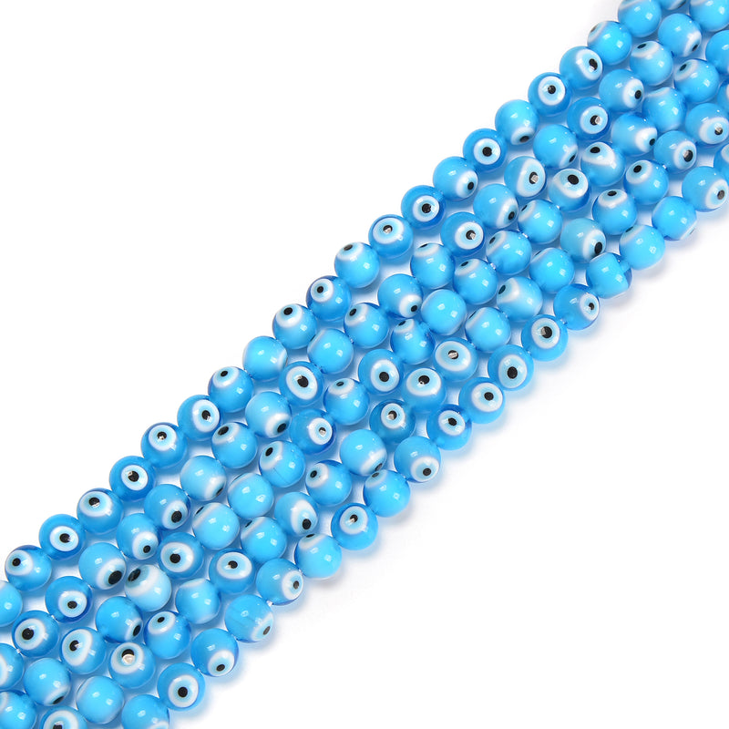 Aqua Blue Evil Eye Glass Smooth Round Beads Size 6mm 8mm 15.5'' Strand