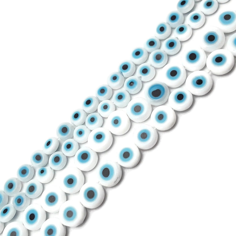 White Evil Eye Glass Coin Discs Beads Size 6mm 8mm 10mm 15.5" Strand