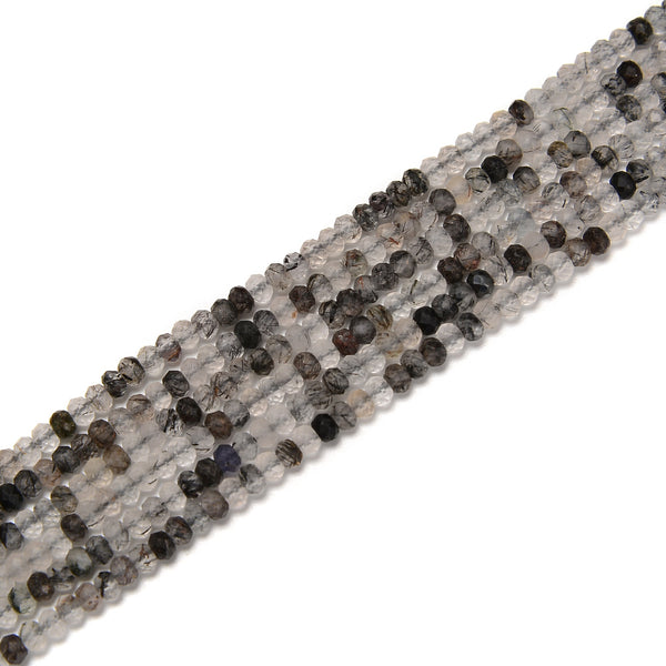 Black Tourmalinated Quartz Faceted Rondelle Beads Size 2x3mm 15.5'' Strand