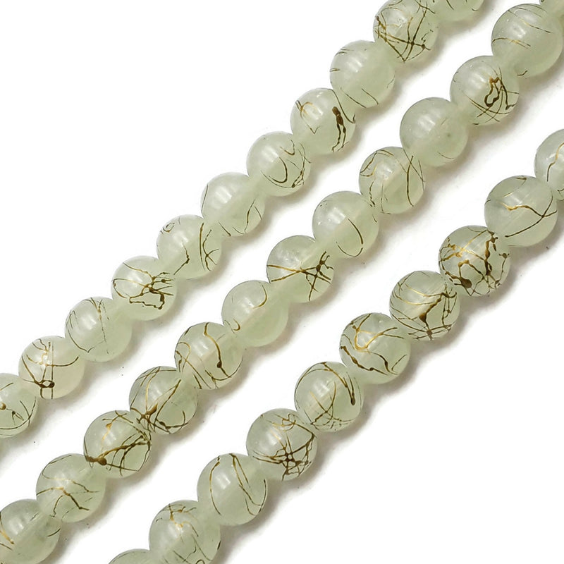 2.0mm Large Hole Green Gold Splash Printed Glass Smooth Round Beads 14mm 15.5"Strand