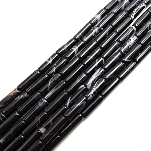 black Striped agate round tube beads 