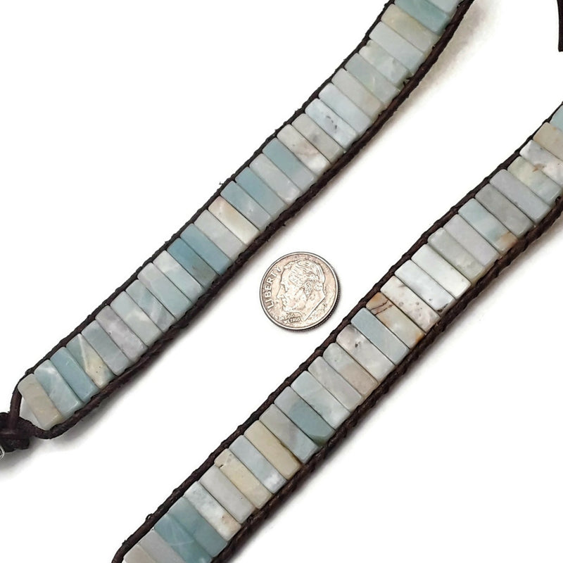 Natural Amazonite Stone Rectangle Tube Leather Wrap Bracelet