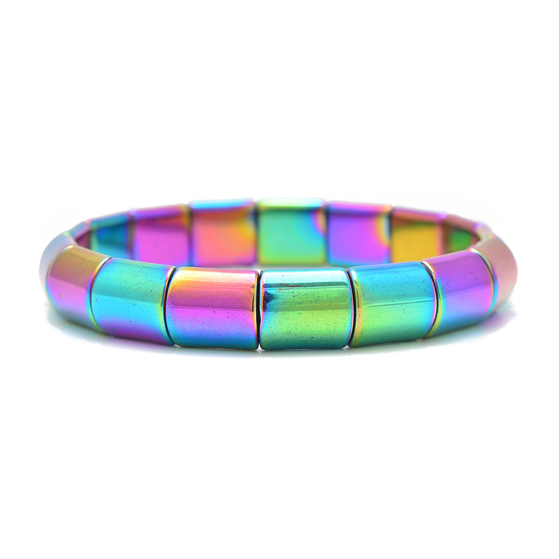 Rainbow Plated Hematite Double Drilled Bangle Bracelet Beads 10x12mm 7.5''Length