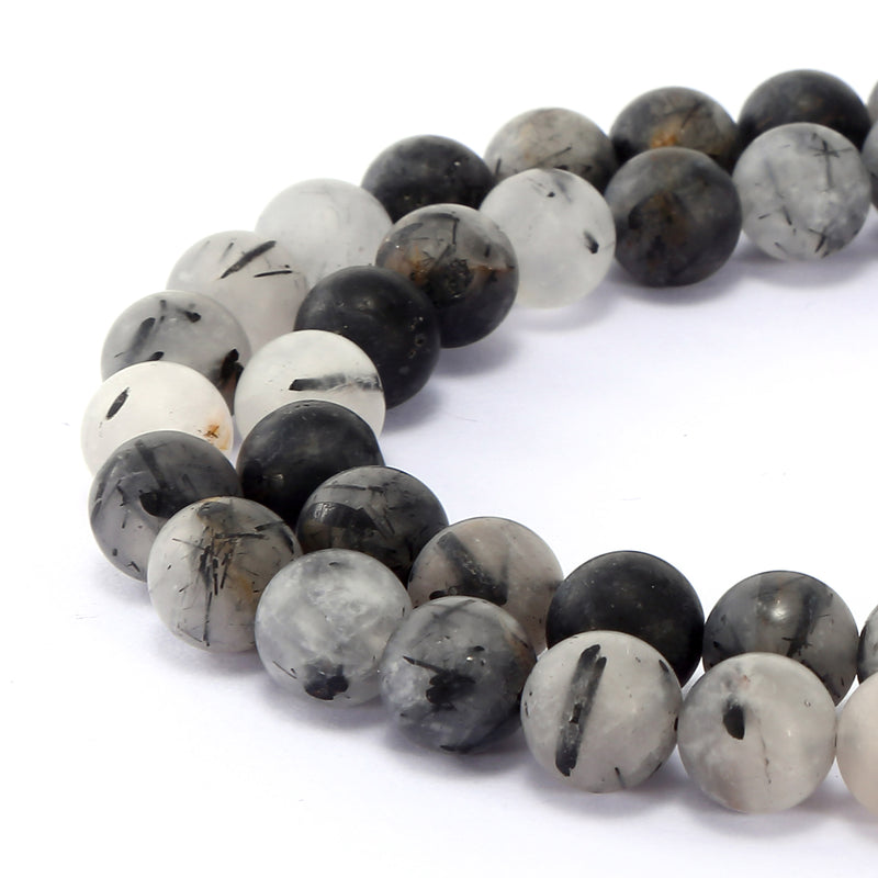 black tourmalinated quartz matte round beads