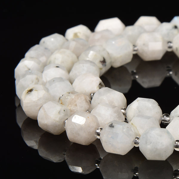 White Moonstone with Black Specks Prism Cut Double Point 9x10mm 15.5'' Strand